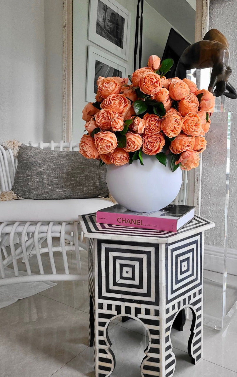 English Roses in White Matte Fishbowl Vase