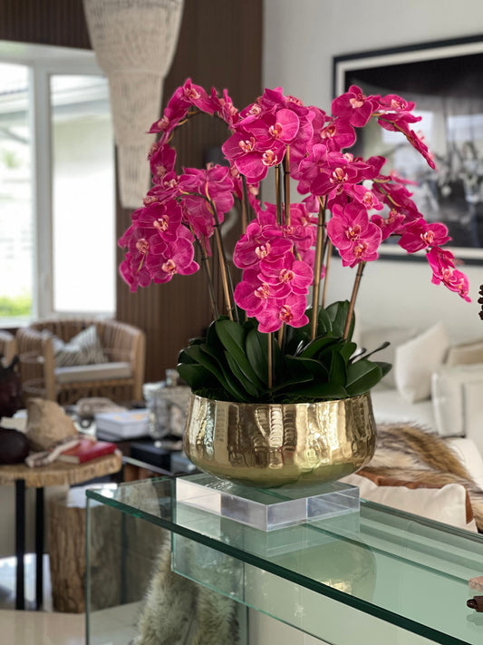 Pink Phalaenopsis Orchids Floral Arrangement in Medium Gold Planter