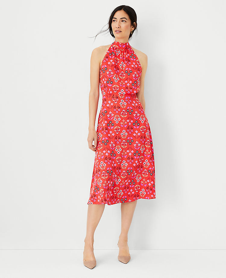 Floral Tie Neck Flare Dress