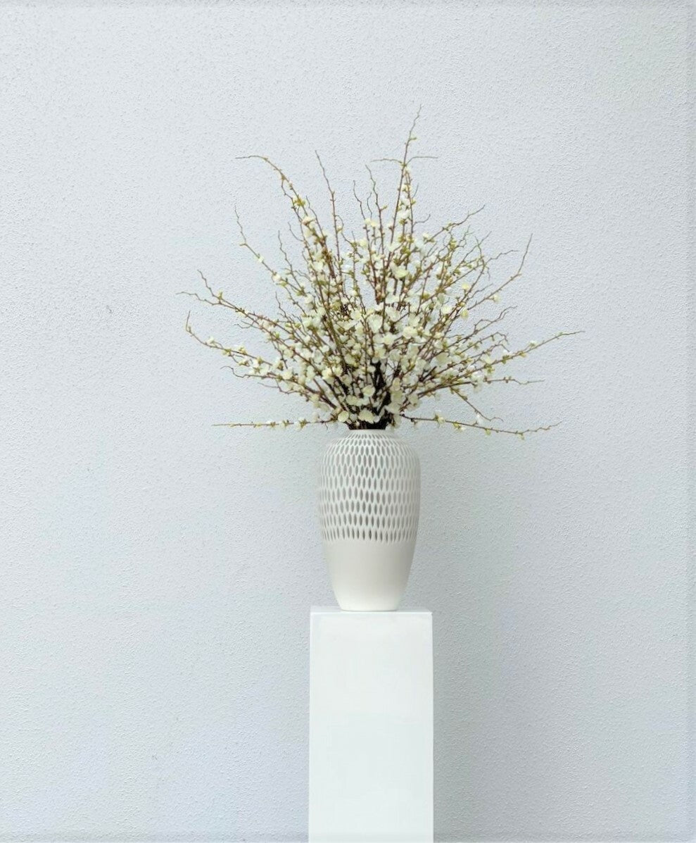 White Cherry Blossoms in Pelican Vase