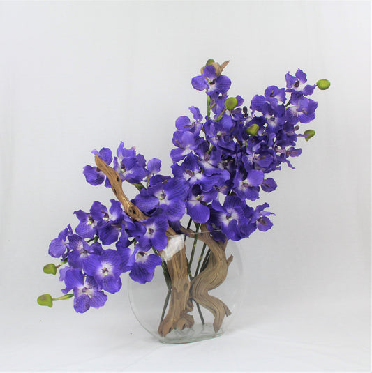 Vase lune de 40 cm avec orchidées Vanda violettes