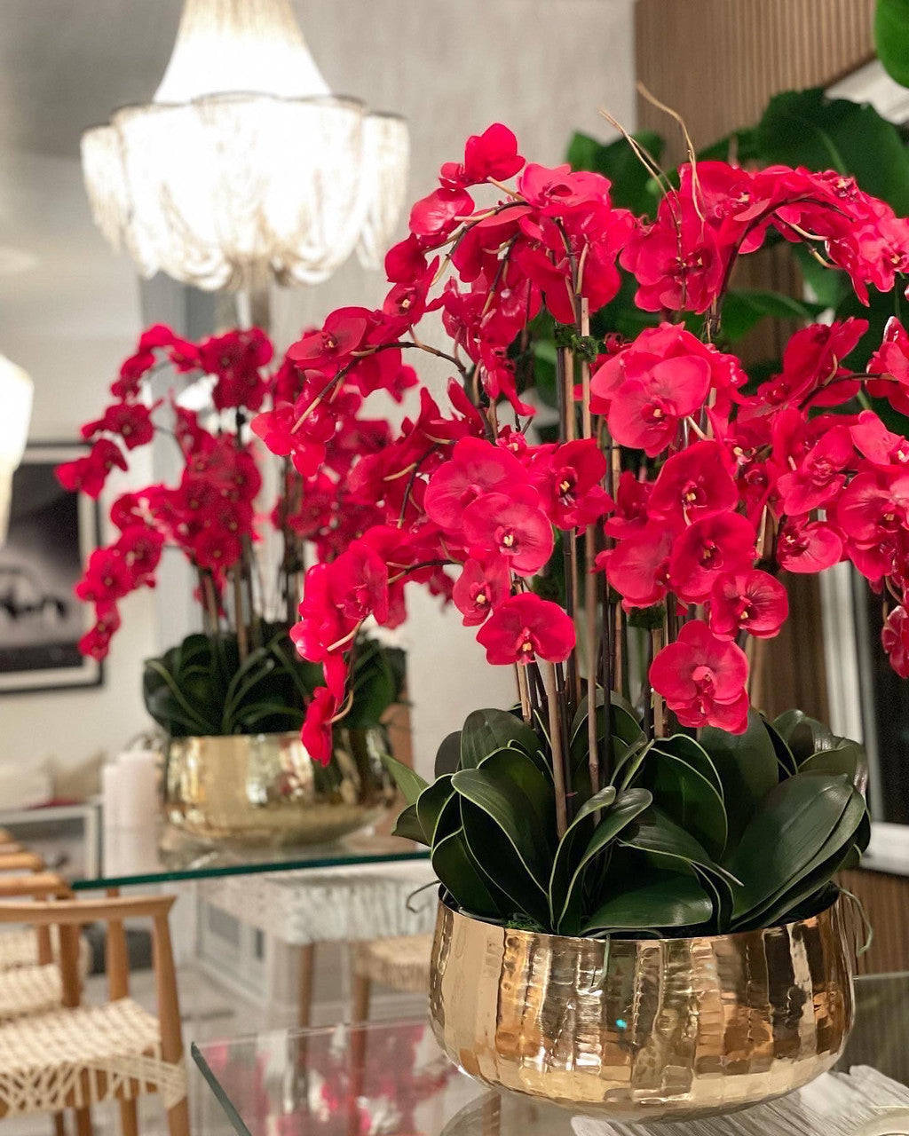 Composition florale d'orchidées Phalaenopsis rouges dans un pot doré moyen