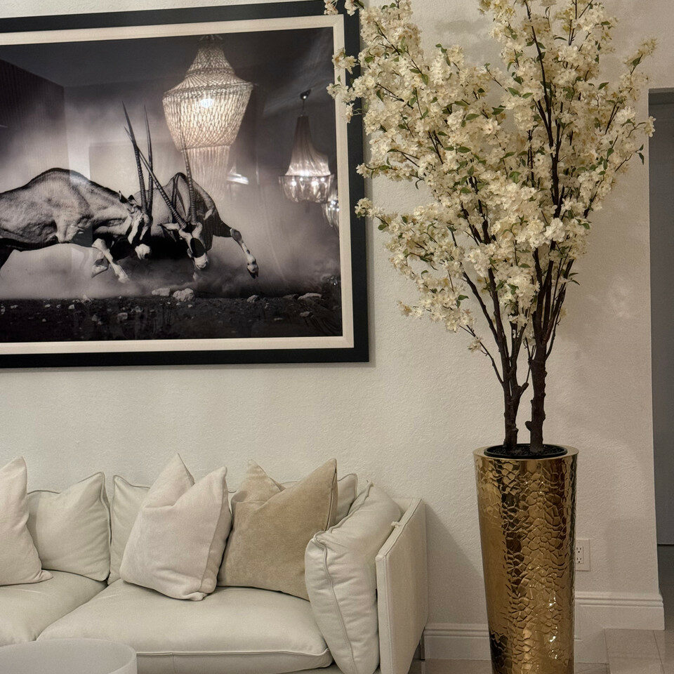 Flower arrangements cherry blossom tree in large gold hammered planter