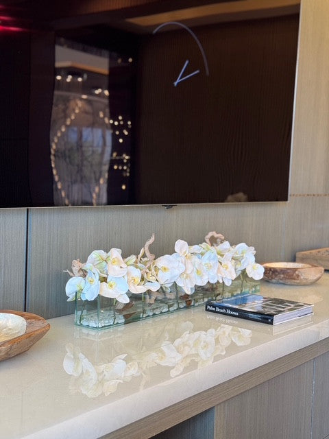 36″ Casa Moderna Glass Plate Planter with white Phalaenopsis orchids