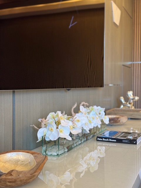 36″ Casa Moderna Glass Plate Planter with white Phalaenopsis orchids