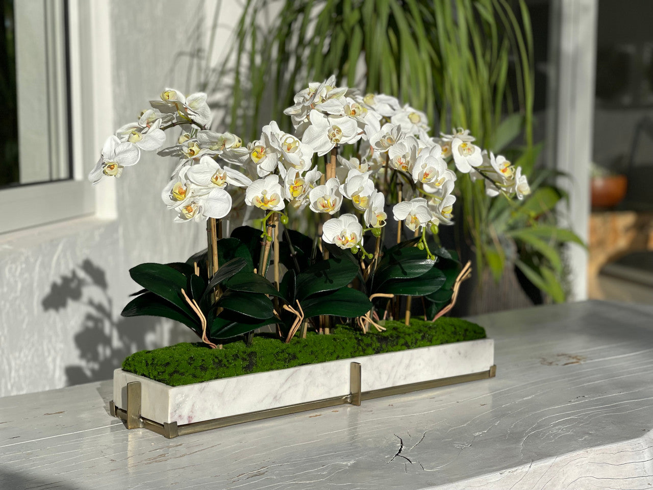 Plateau en marbre sur support métallique avec jardinet d'orchidées mini-phalaenopsis