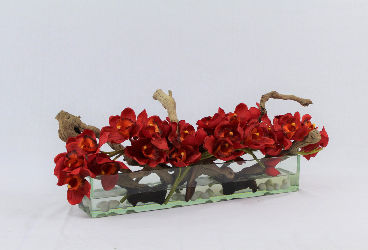 Jardinière moderne en verre « Casa » de 60 cm avec orchidées Cymbidium rouges
