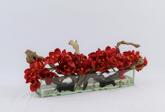 Jardinière moderne en verre « Casa » de 60 cm avec orchidées Cymbidium rouges