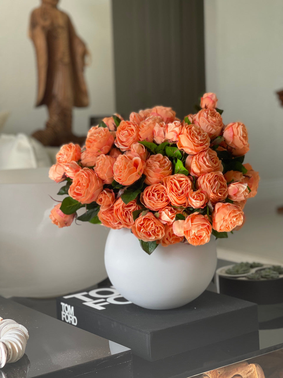 English Roses in White Matte Fishbowl Vase