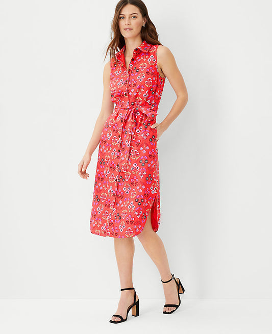 Robe chemise sans manches en lin mélangé à motif floral