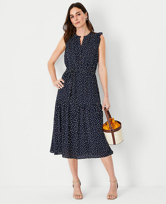Robe évasée à volants et ceinture, imprimé pois