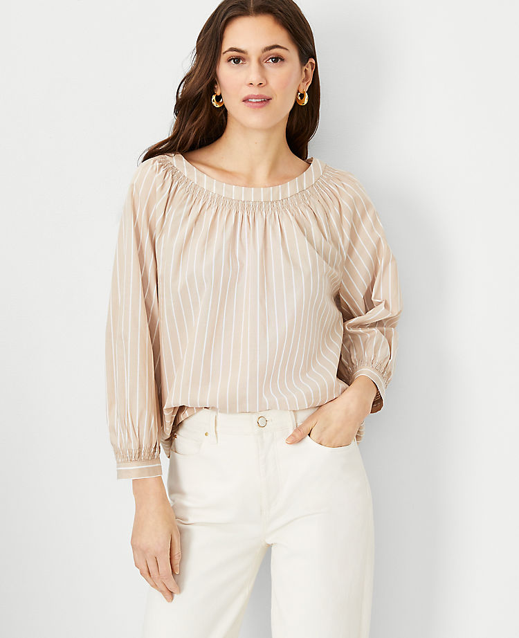 Gestreiftes Smocked Boatneck-Oberteil