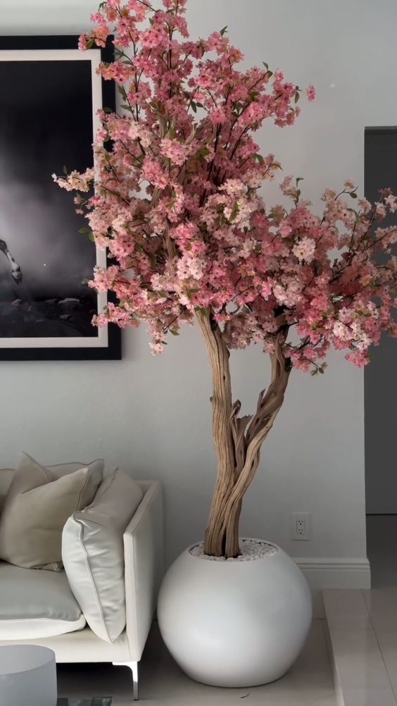 White Ball Flower Pot with Custom Pink Cherry Blossom Tree