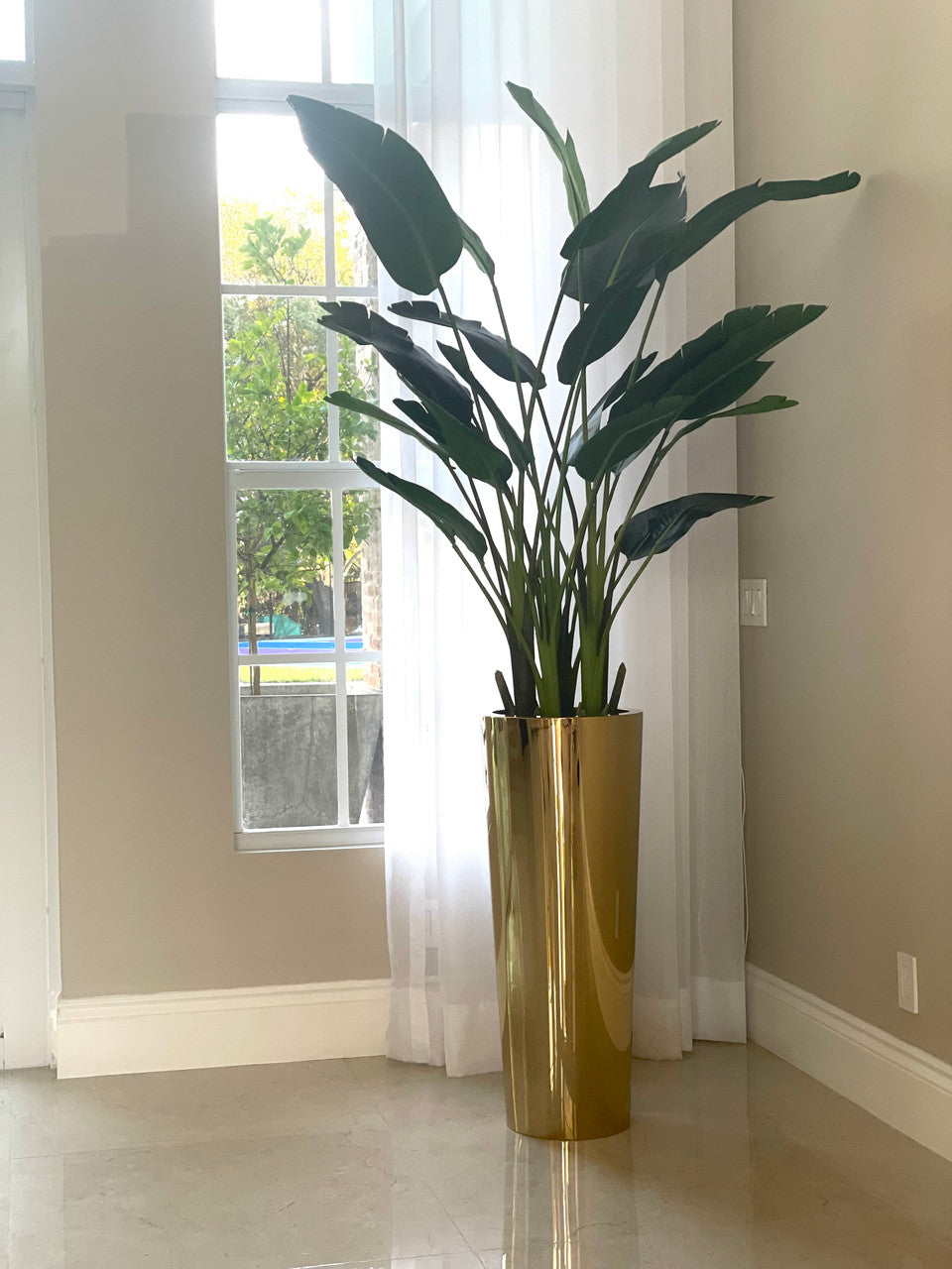 Gold Cone Planter with Bird of Paradise (7′)