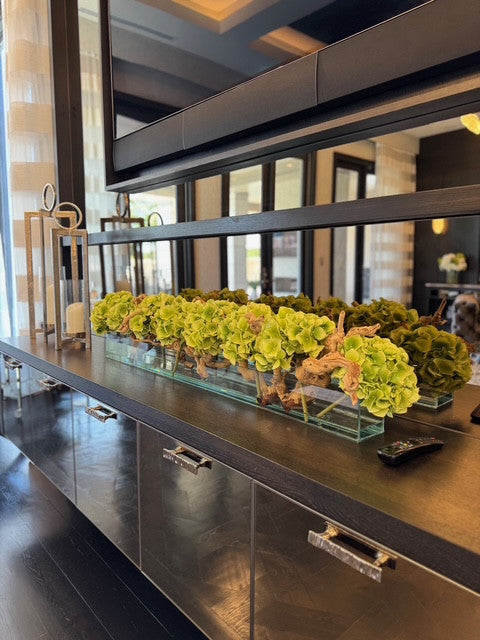 48″ Casa Moderna Glass Plate Planter with Green Hydrangeas and Driftwood