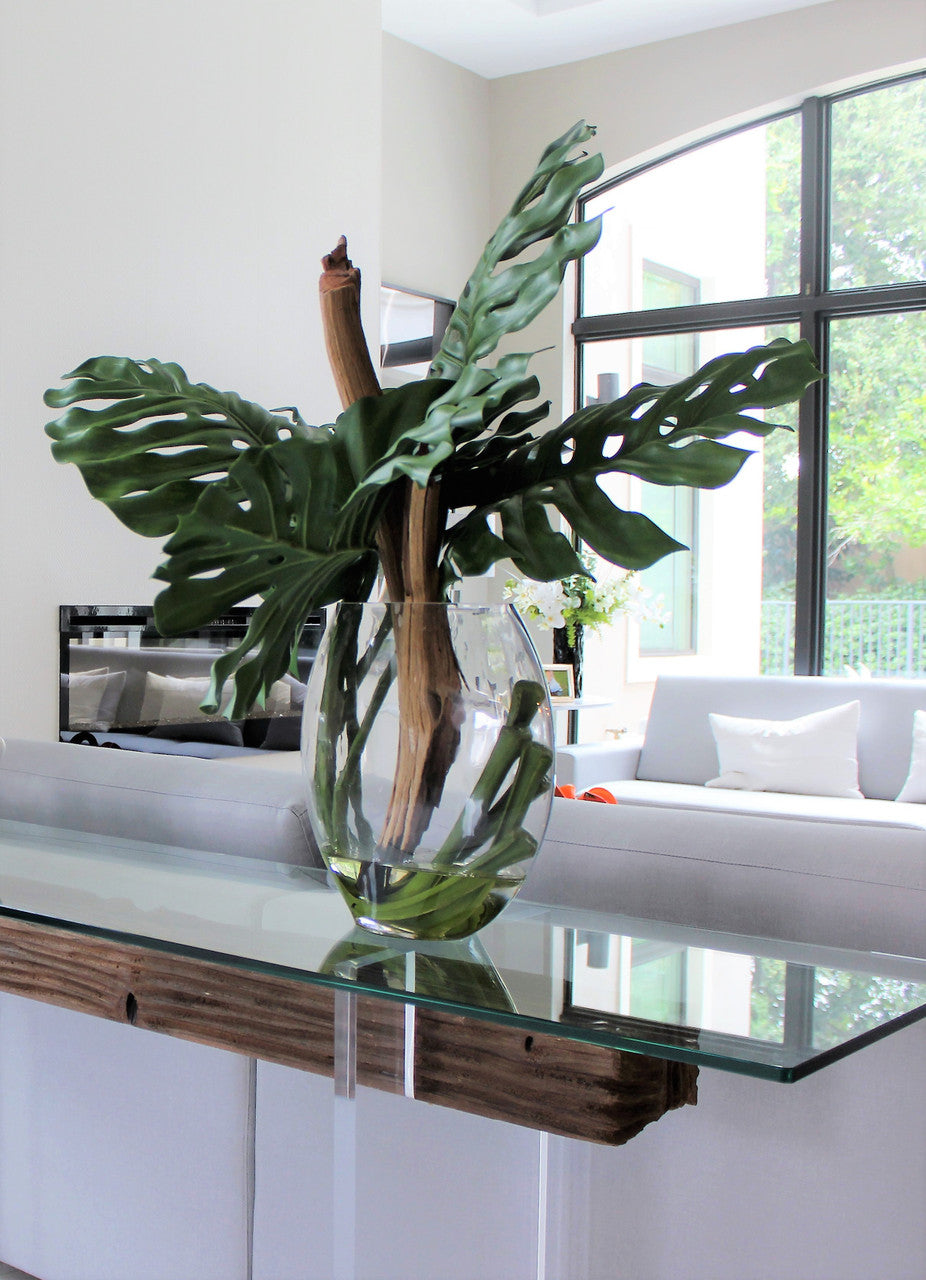 Moon Vase with Monstera Leaf and Driftwood