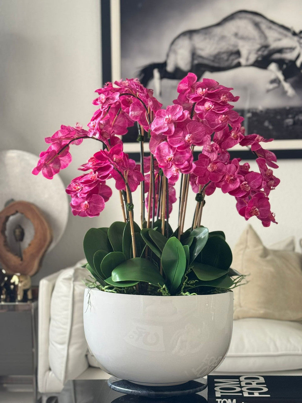 Des orchidées fuchsia roses dans un pot en fibre de verre blanc brillant