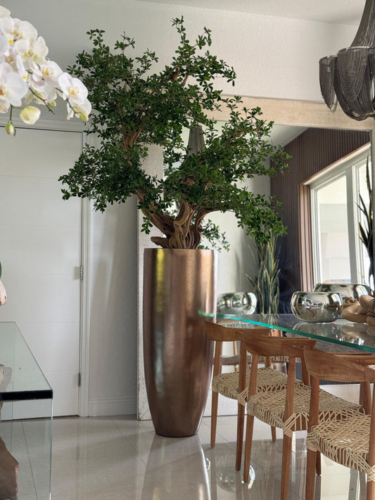 Artificial Black Olive Bonsai Tree in Gold Revolver Planter