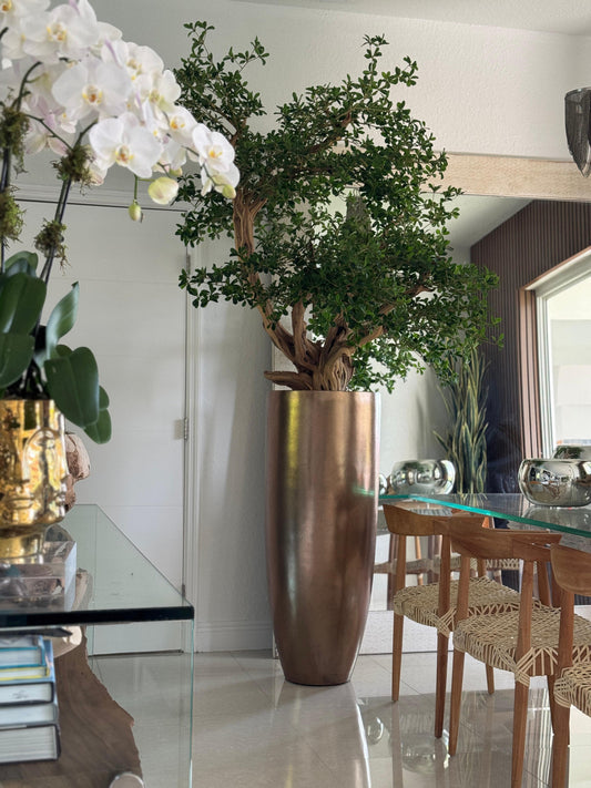 Artificial Black Olive Bonsai Tree in Gold Revolver Planter
