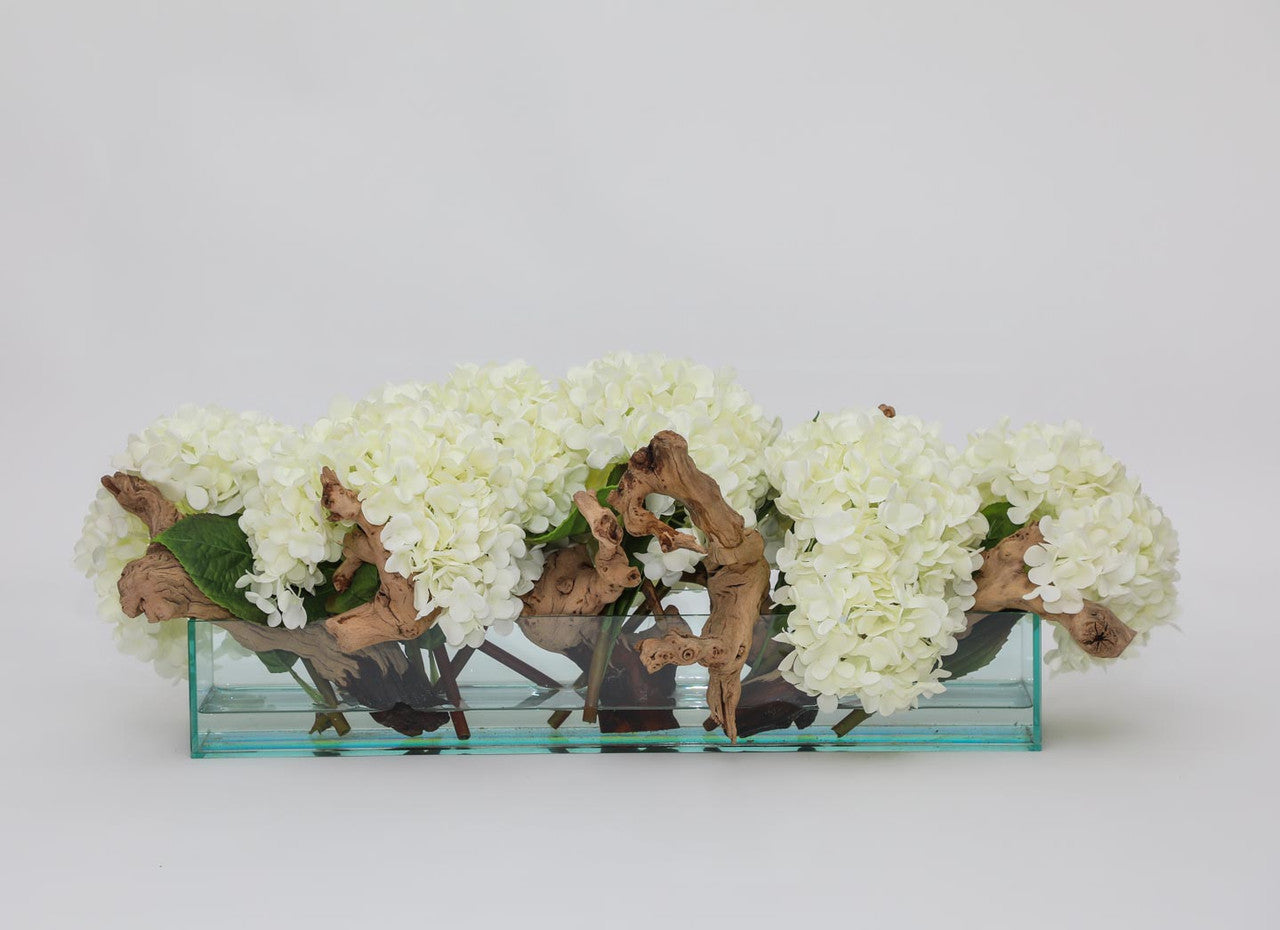 Jardinière en verre moderne Casa avec hortensias et bois flotté