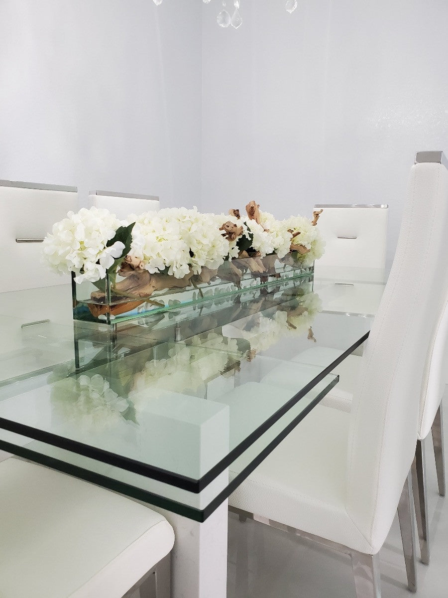 Jardinière en verre moderne Casa avec hortensias et bois flotté